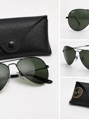 Ray-Ban Aviator Sunglasses in Black with Green Lenses